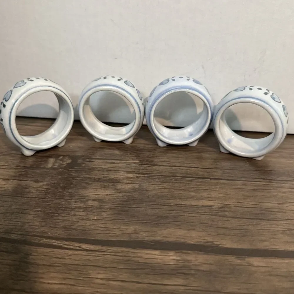Vintage Ceramic Hand Painted Footed Napkin Rings (4) | Blue & White